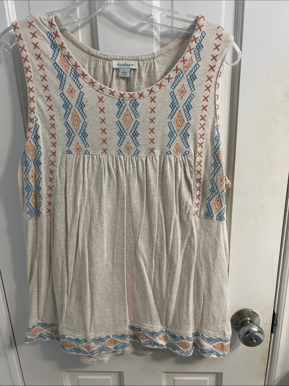 Sundance Cream Sleeveless Tank with Blue & Orange Embroidery